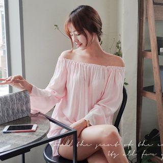 Off-shoulder Long-sleeved Plain Blouse