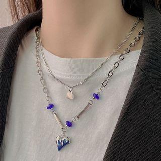 Melting Heart Pendant Layered Stainless Steel Necklace Blue & Silver - One Size