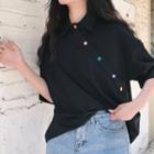 Elbow-sleeve Contrast Button Collared Top Black - One Size