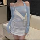 Long-sleeve Cold-shoulder Top / Spaghetti Strap Mini Dress