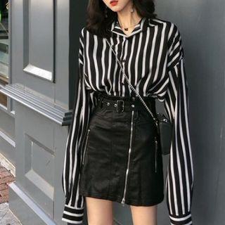 Striped Shirt / Mini A-line Faux Leather Skirt / Set