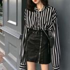 Striped Shirt / Mini A-line Faux Leather Skirt / Set