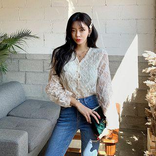 Faux-pearl Button Scallop-edge Lace Blouse