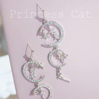 Rhinestone Moon & Star Dangle Earring 1 Pair - Earring - Moon - One Size