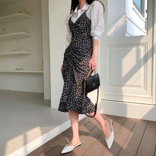 Set: Balloon-sleeve Shirt + Shirred Floral Midi Slipdress Black - One Size