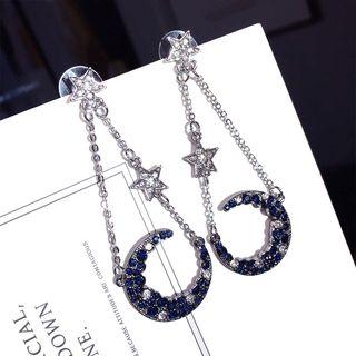 Rhinestone Moon & Star Dangle Earring Silver Needle - Blue - One Size