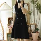 Puff-sleeve Double Breasted A-line Dress Black - One Size