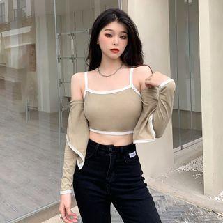 Set: Contrast Trim Cropped Camisole Top + Cardigan