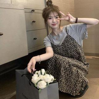 Short-sleeve T-shirt / Floral Midi A-line Overall Dress