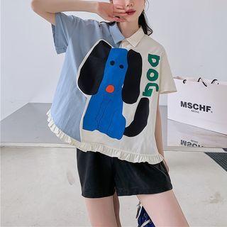 Elbow-sleeve Two-tone Dog Print Shirt