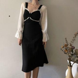Square-neck Lace Trim Long-sleeve Dress