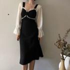 Square-neck Lace Trim Long-sleeve Dress