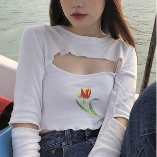 Set: Long-sleeve T-shirt + Spaghetti Strap Top T-shirt - White - One Size / Spaghetti Strap Top - White - One Size