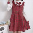 Mock Two Piece Long-sleeve Plaid Dress Red - One Size