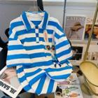 Elbow-sleeve Rabbit Embroidered Striped Polo Shirt