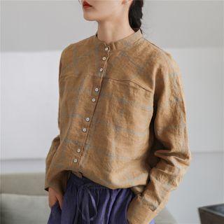 Long-sleeve Button-up Linen Blend Blouse