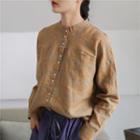 Long-sleeve Button-up Linen Blend Blouse