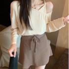 Long-sleeve Cold-shoulder T-shirt / Mini Pencil Skirt