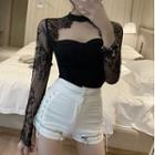 Long-sleeve Lace Panel T-shirt / Lace Up Zip Detail Shorts