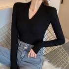 Long-sleeve V-neck Fitted Top