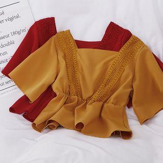 Short-sleeve Lace Trim Square-neck Top
