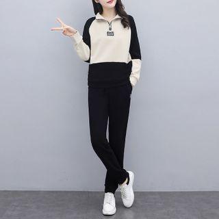 Set: Mock-neck Two-tone Half-zip Sweatshirt + Jogger Pants