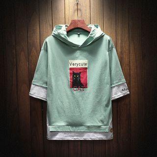 Mock Two-piece Elbow-sleeve Print Hoodie