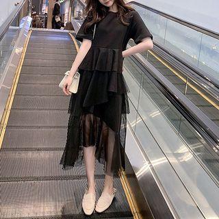 Asymmetrical Hem Mesh Panel Dress