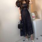 Puff Sleeve Square Neck Lace Maxi A-line Dress