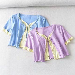 Mock Two-piece Short-sleeve Button Cropped T-shirt
