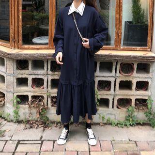 Collared Long-sleeve Dress Blue - One Size