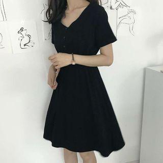 V-neck Short-sleeve Mini A-line Dress Black - One Size