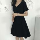 V-neck Short-sleeve Mini A-line Dress Black - One Size