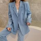 Plain Double-breasted Blazer / Side-slit Straight Leg Pants