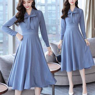 Long-sleeve Bow Neck Midi A-line Dress