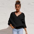 Long-sleeve V-neck Plain Cable-knit Sweater