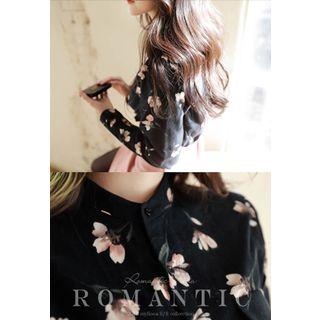 Mandarin-collar Flower Pattern Cotton Blouse