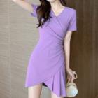 Short-sleeve V-neck Asymmetric Shirred Mini A-line Dress