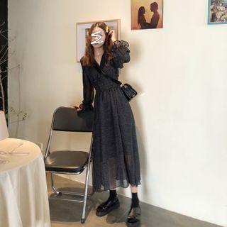 V Neckline Dotted Long-sleeve Dress