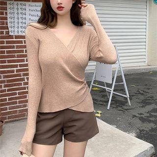 Long-sleeve V-neck Asymmetrical Knit Top