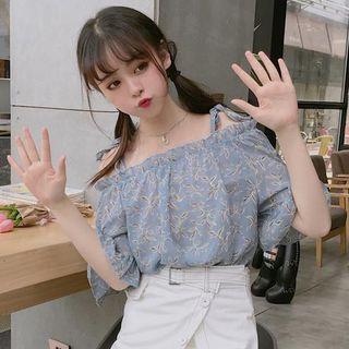 Cold Shoulder Printed Elbow-sleeve Top