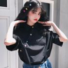 Elbow-sleeve Contrast Button Top Black - One Size