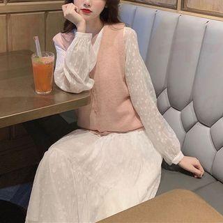 Long-sleeve Lace Midi Dress / Sweater Vest / Set