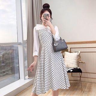 3/4-sleeve Paneled Dotted Midi A-line Dress