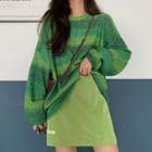 Color-block Striped Long-sleeve Sweater / Plain High-waist Skirt