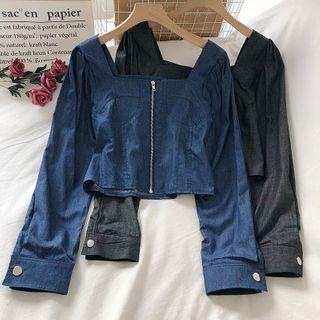 Long-sleeve Zip-up Denim Crop Top