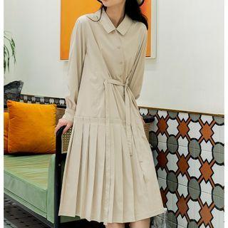Long-sleeve Asymmetrical Pleated Shirt Dress