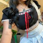 Short Sleeve Square-neck Lace-trim Tie-front Crop Top