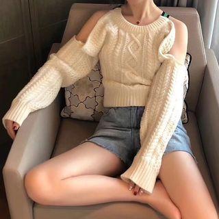 Cold-shoulder Cable Knit Sweater Almond - One Size