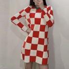 Long-sleeve Checker Print Knit Dress
